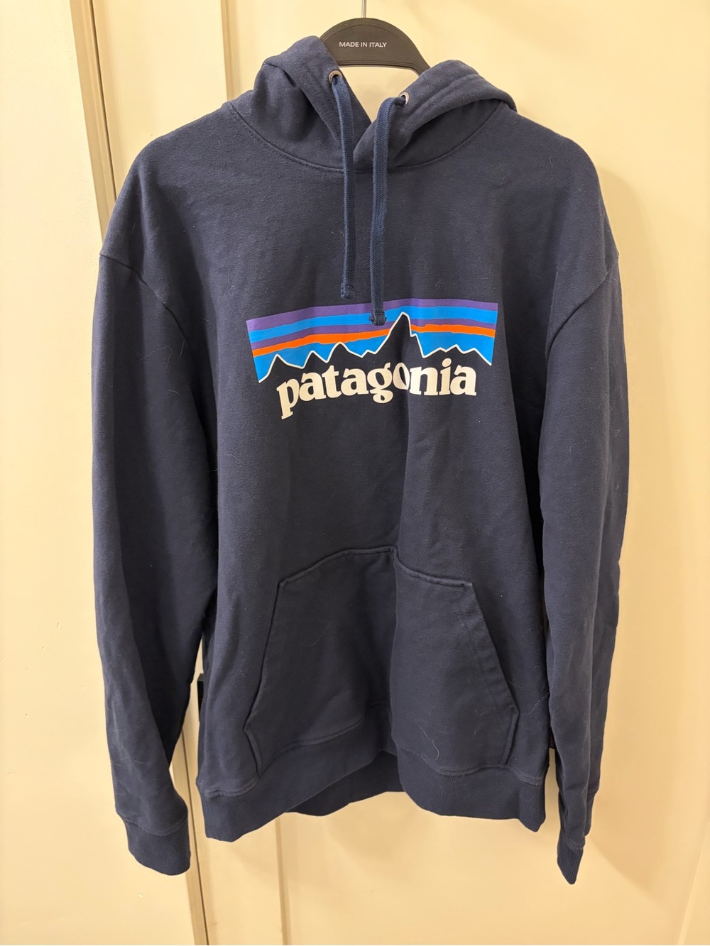 Patagonia Navy Logo Pullover Hoodie with Multicolor Stripe